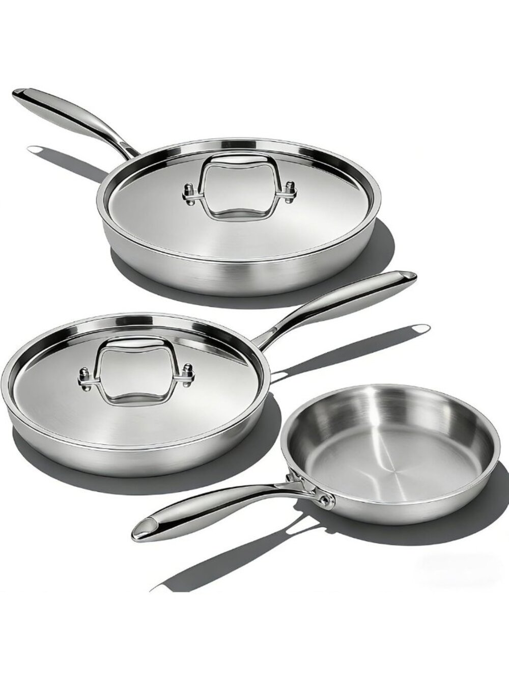 3-Piece Stainless Steel Skillet Set with Lids - Heavy Duty, 5-Ply Cookware, Oven